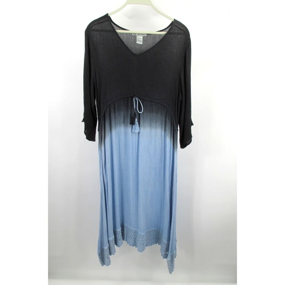 Cute Options Midi Dress Womens L Black Blue Ombre Crochet Hem Boho Hippie V-Neck